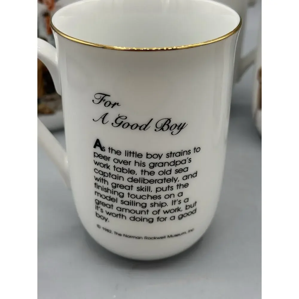 Set 5 Norman Rockwell Museum Coffee Mugs Japan Gold Rim Vintage Cups